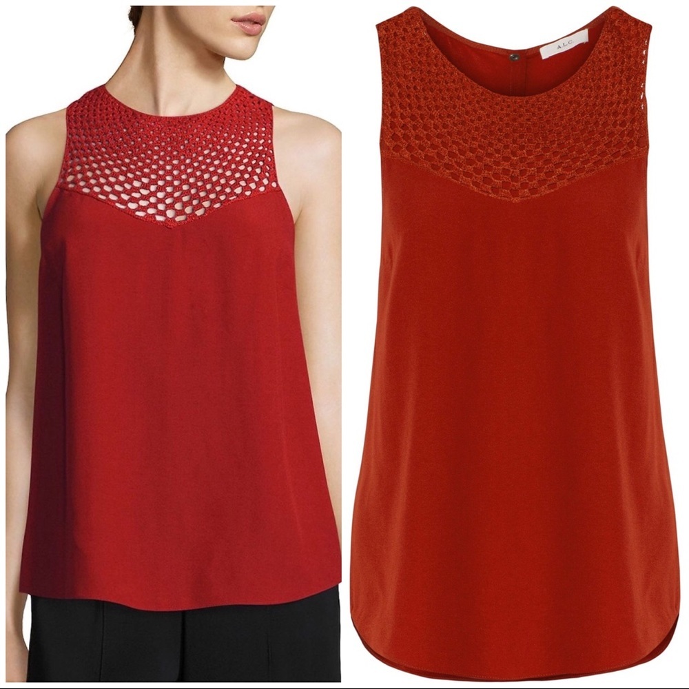 NWT A.L.C. Quinn Crochet Silk Blouse Tank Top 0 red - Picture 2 of 8